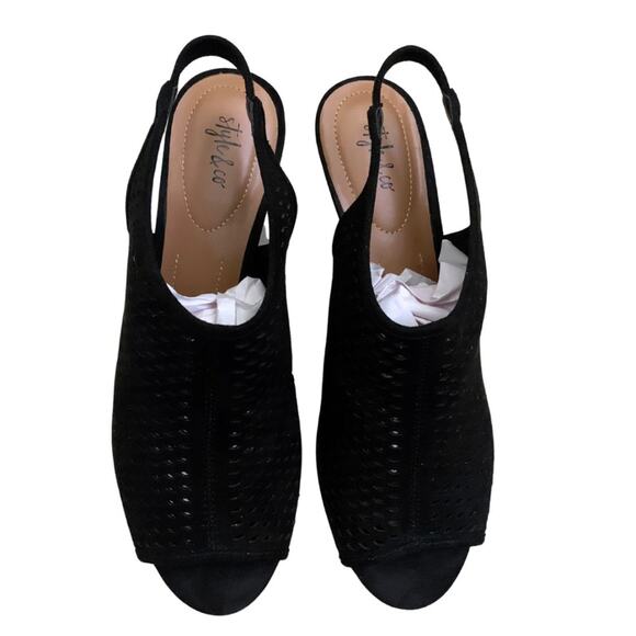 Style & Co Black Suede Caged Peep Toe Slingback Heels Sandals Size 8.5 Cutout - Picture 2 of 8